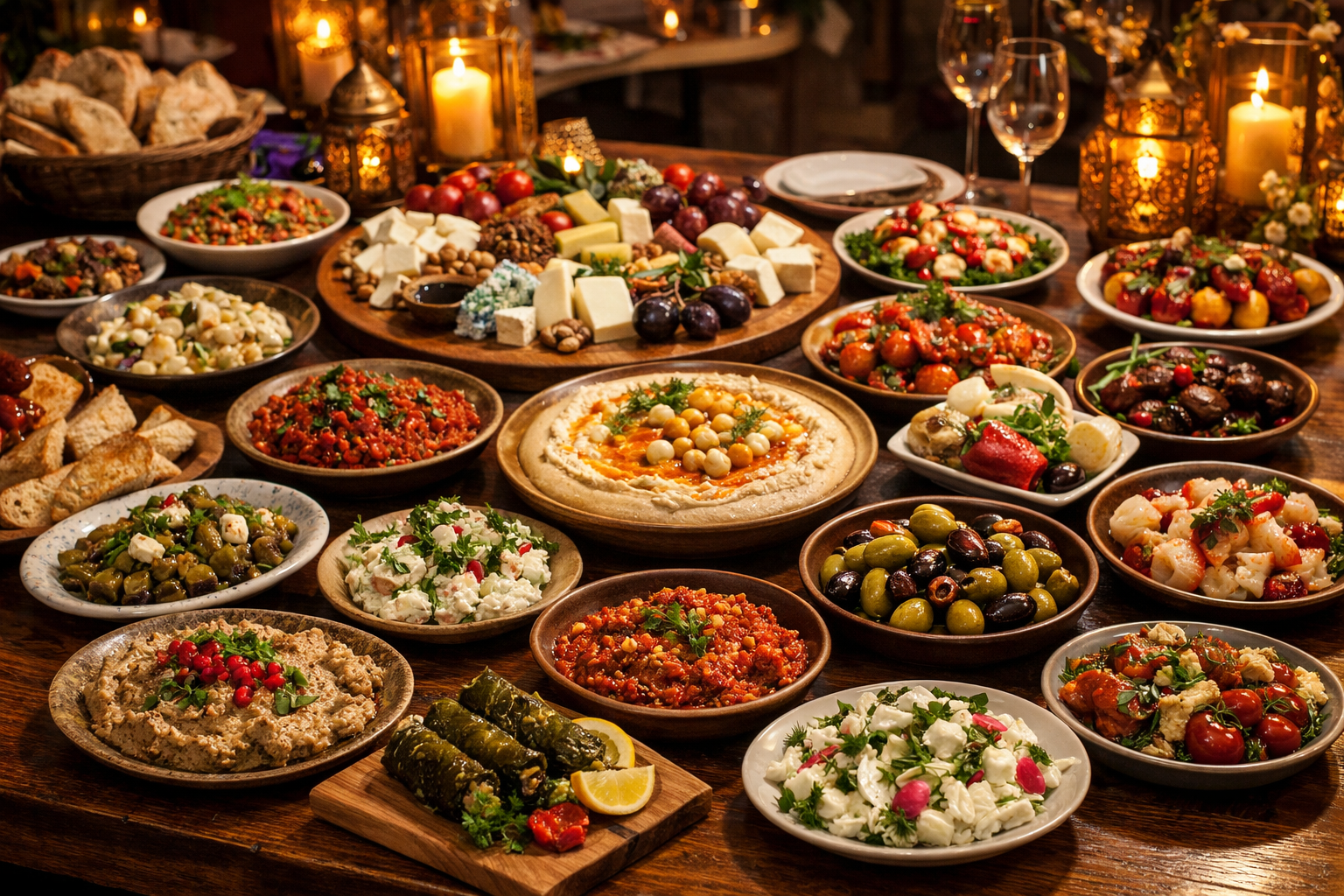 Zengin meze masasi sunumu