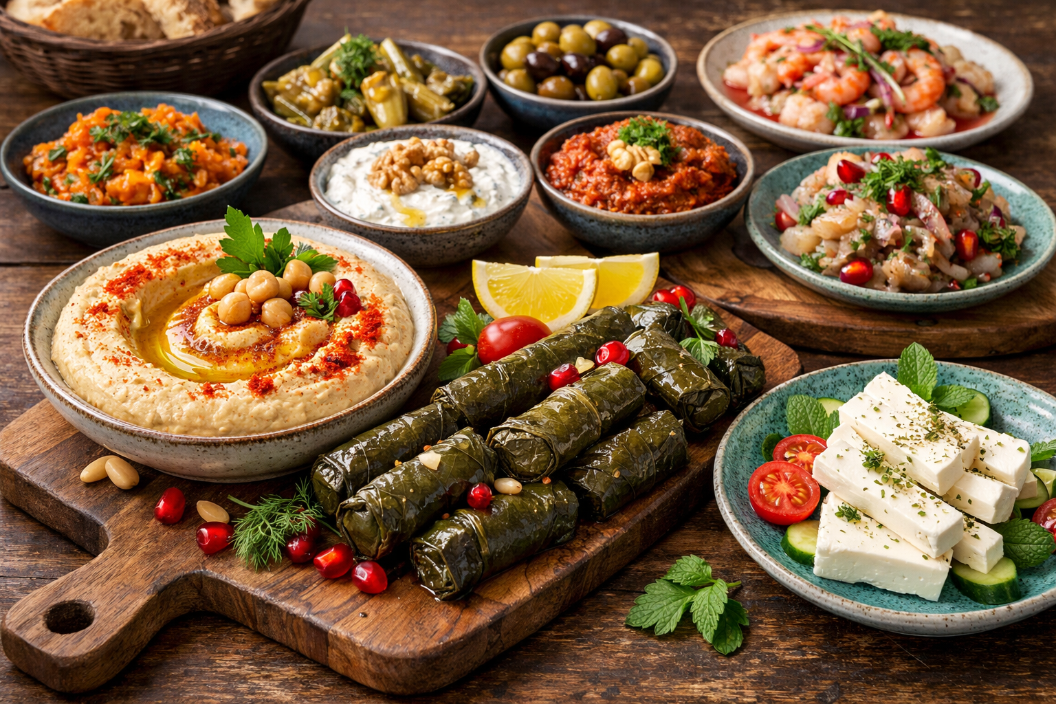 Seramik tabaklarda meze sunumu